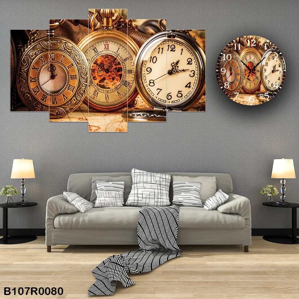 A clock and large picture of old watches