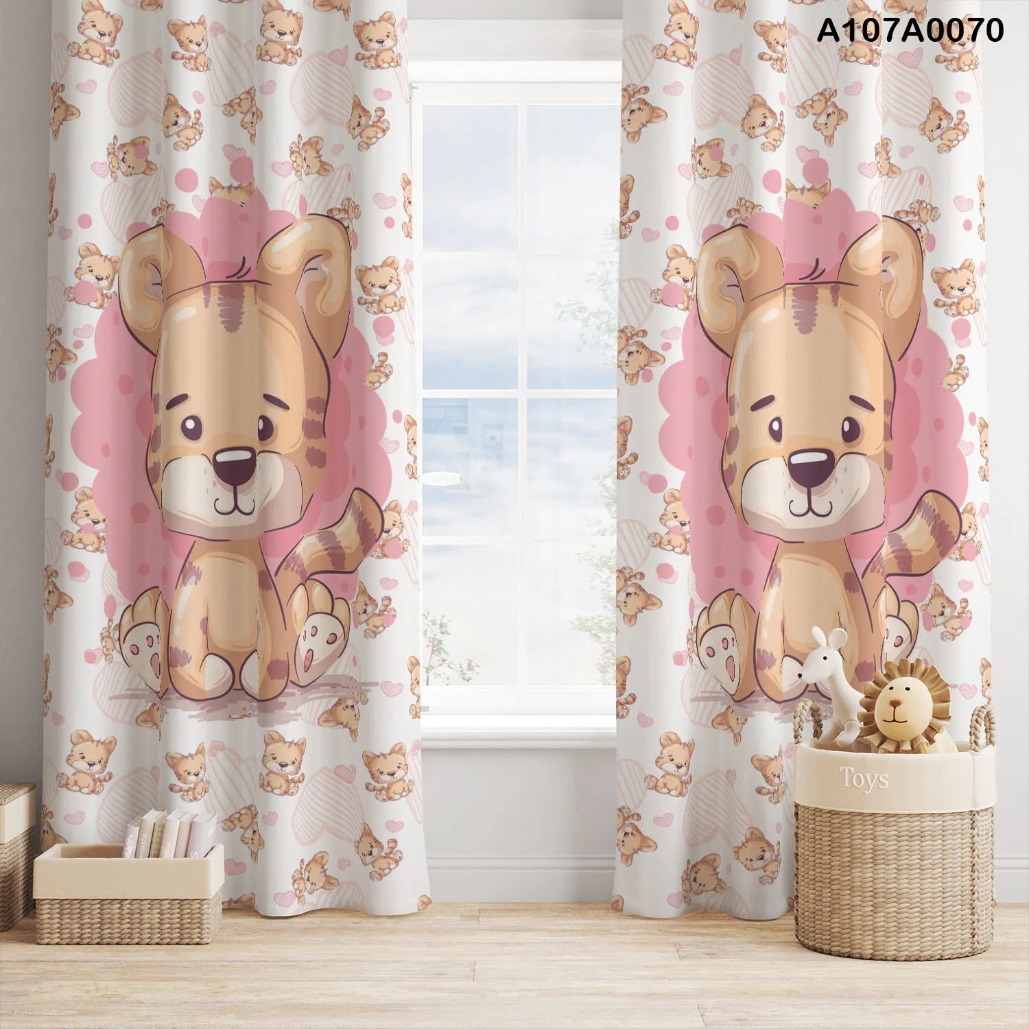 Curtains in pink and white with little tiger for children room