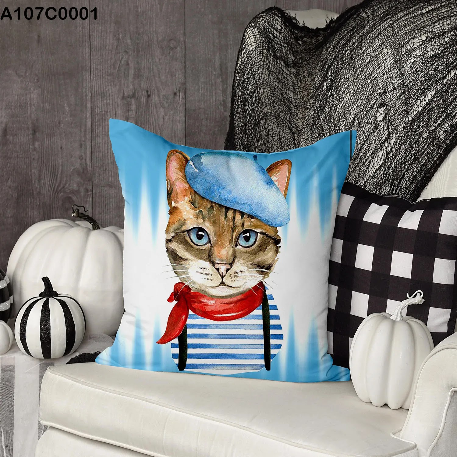 Light blue Pillow case with a cat picture