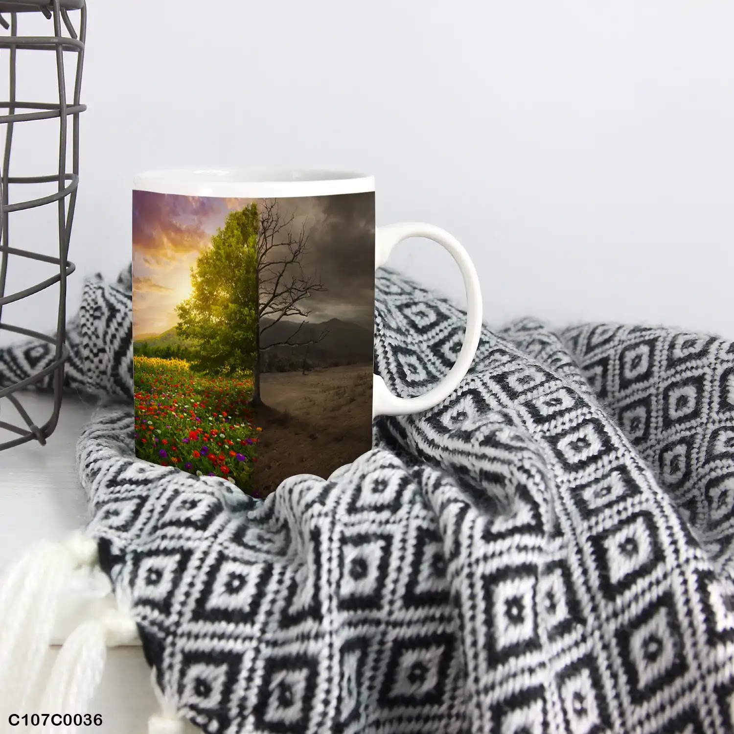 A mug (cup) printed with an image of a tree in Autumn and spring