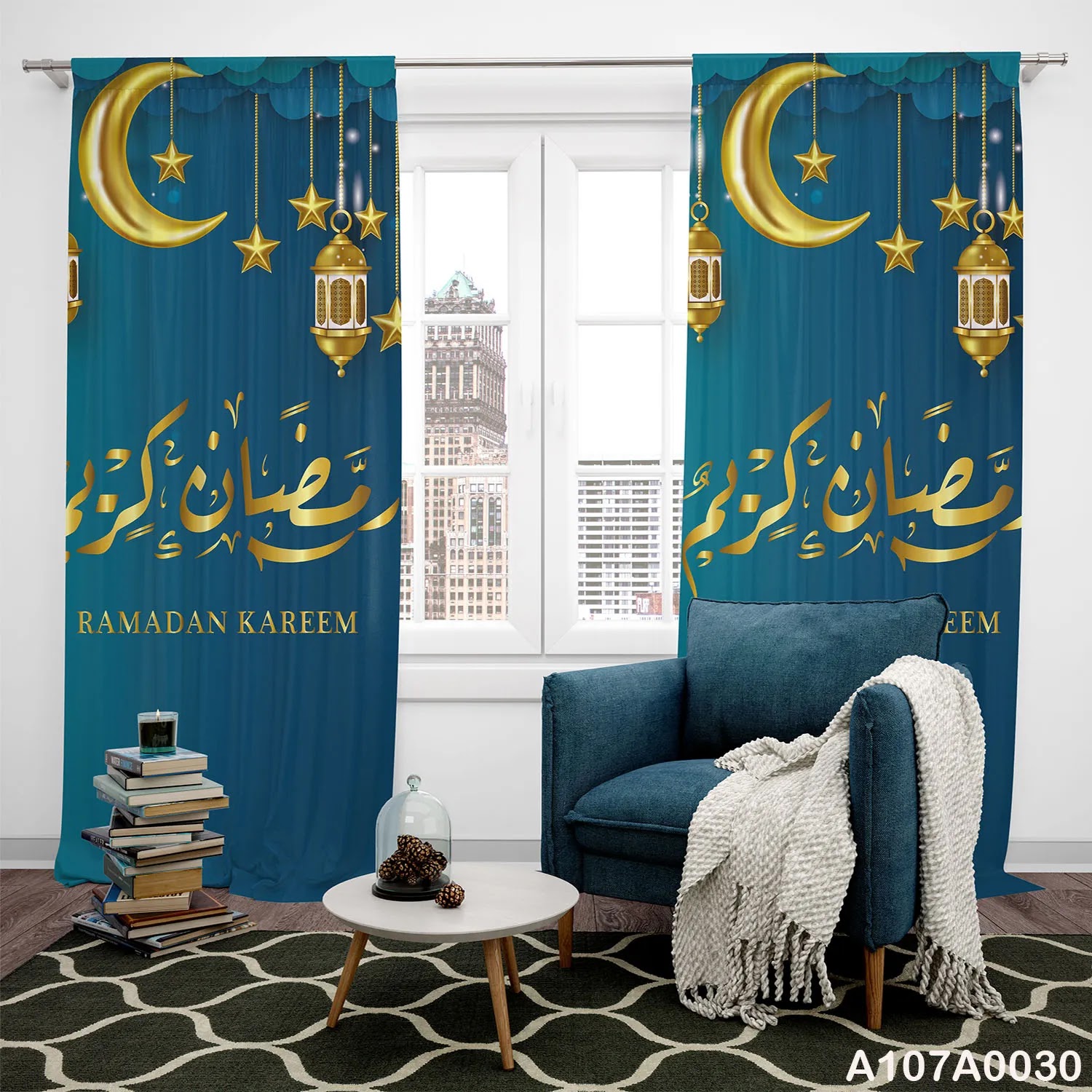 Curtains for Ramadan in blue and gold