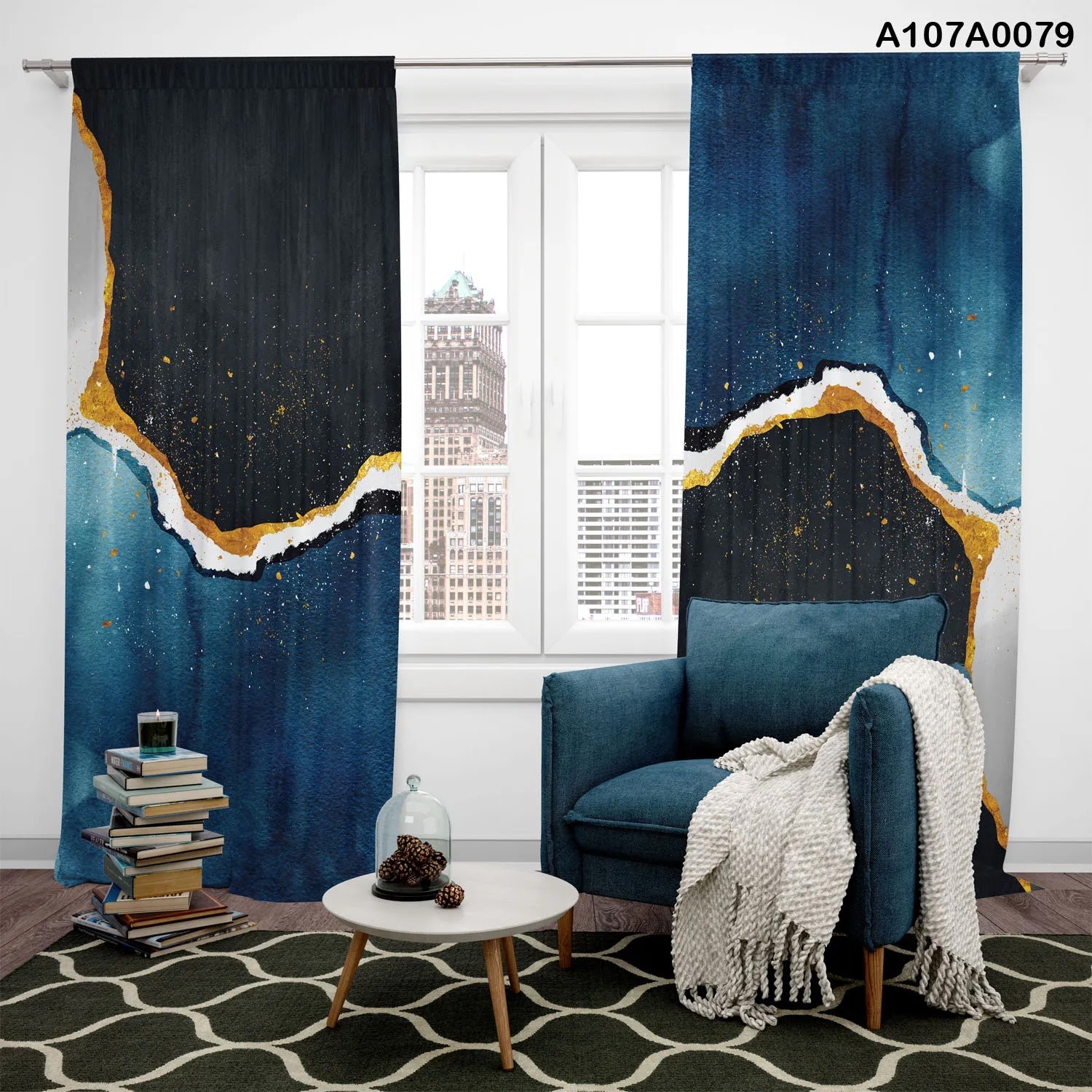 Curtains for offices in blue, navy and gold