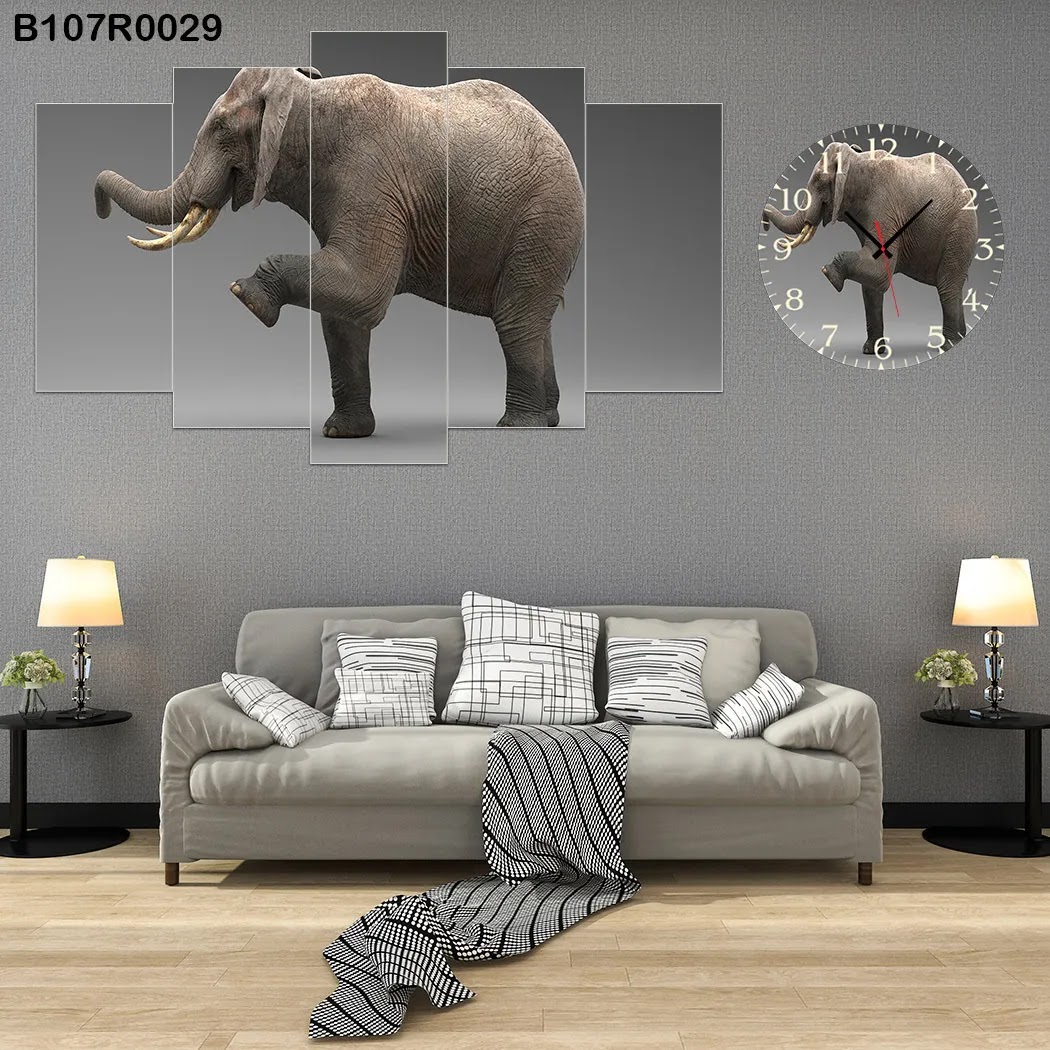 A clock and Large wall panel with elephant