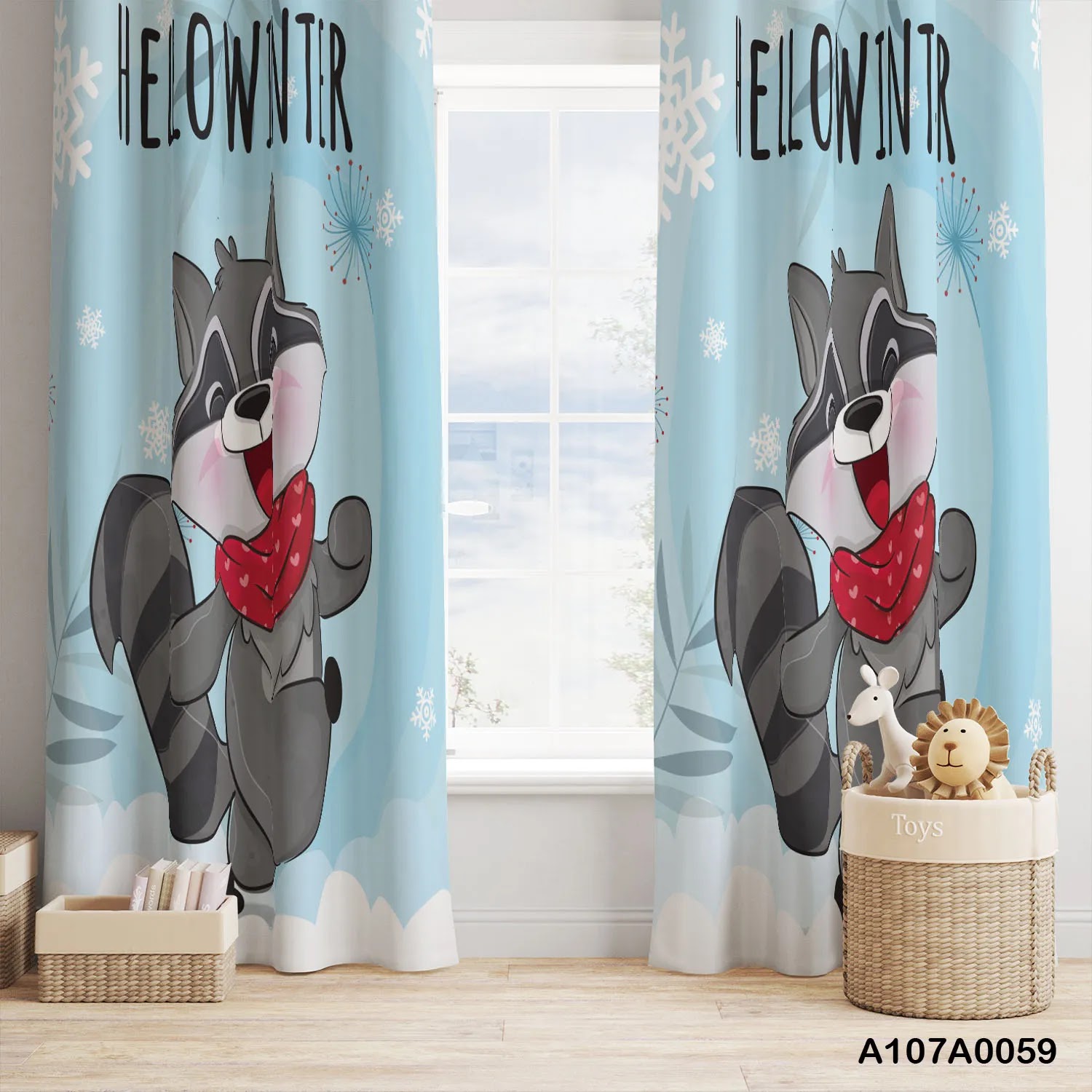 Curtains for children room with raccoon and "Hello winter"