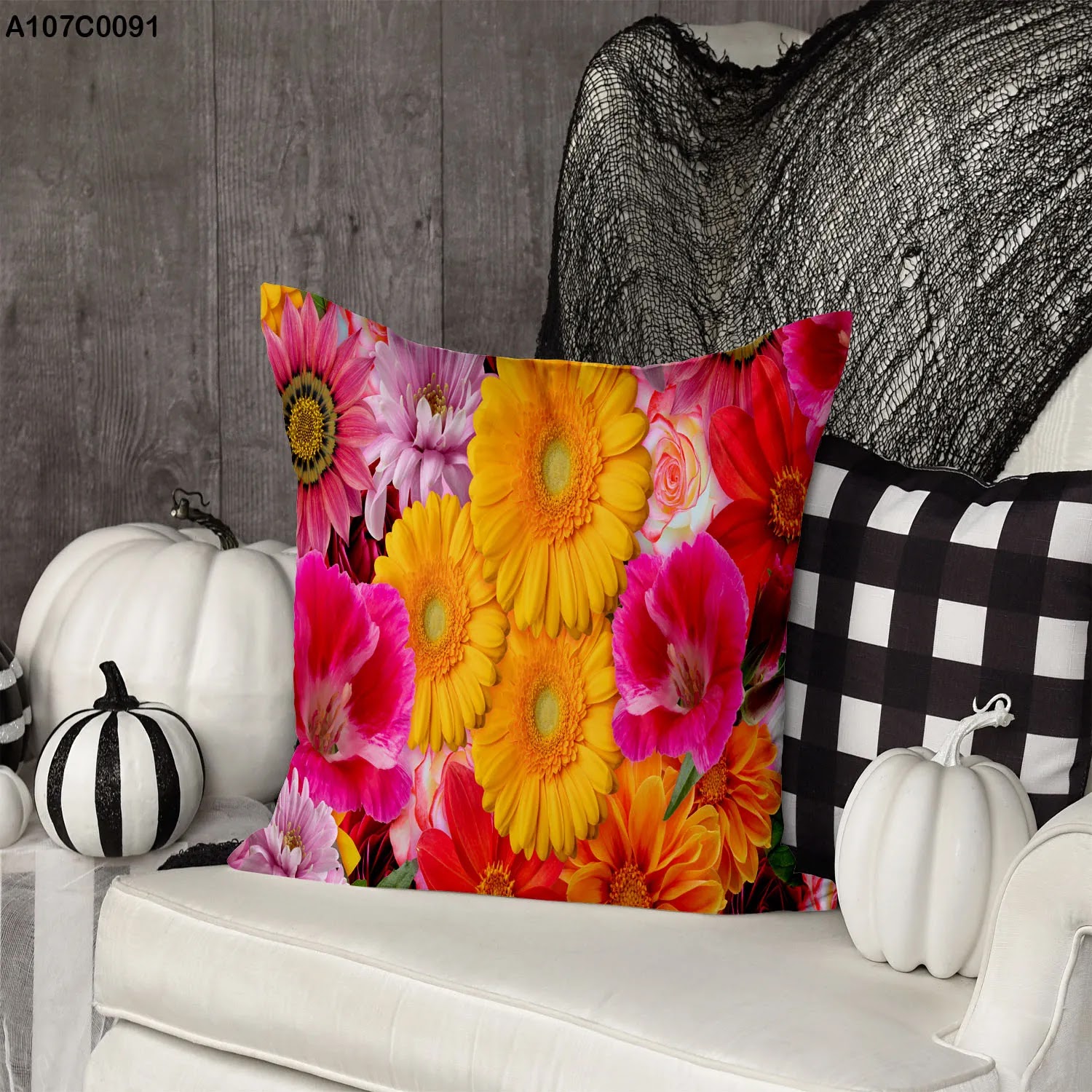 Pillow case with pink and orange big flowers