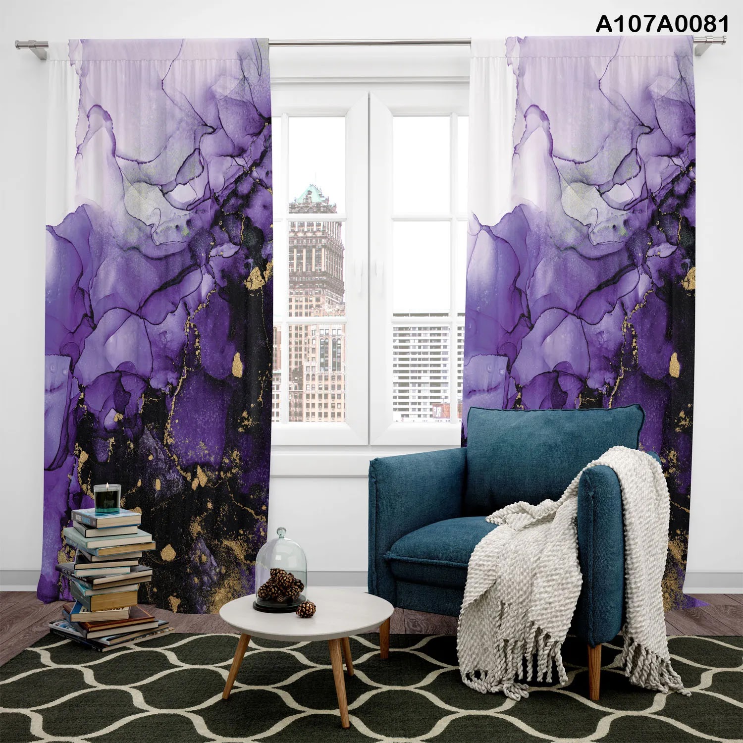 Curtains with color combination of violet, gold and black