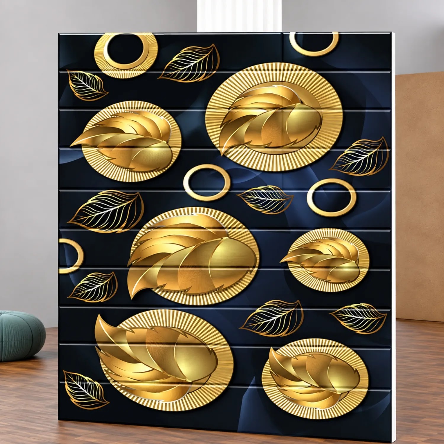 ألواح فوم جدارية مطبوعة بتصميم أوراق ذهبية وخلفية سوداء – 10 قطع