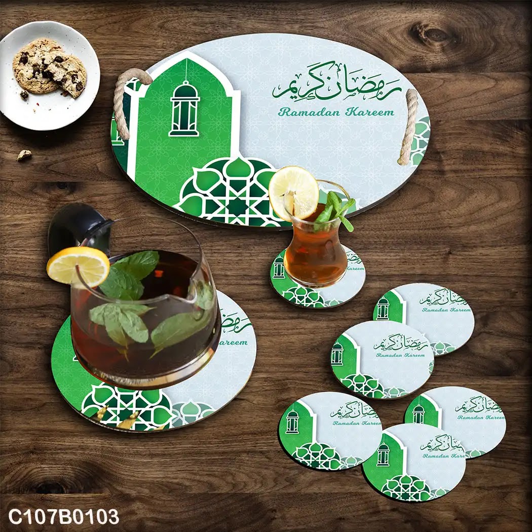White and green Ramadan circular tray set