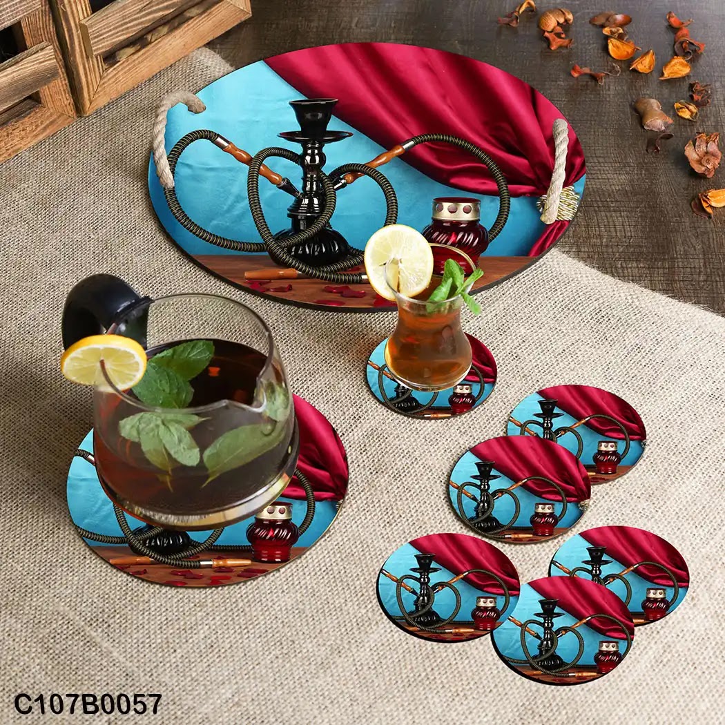 Circular tray set with a hookah in a cafe picture