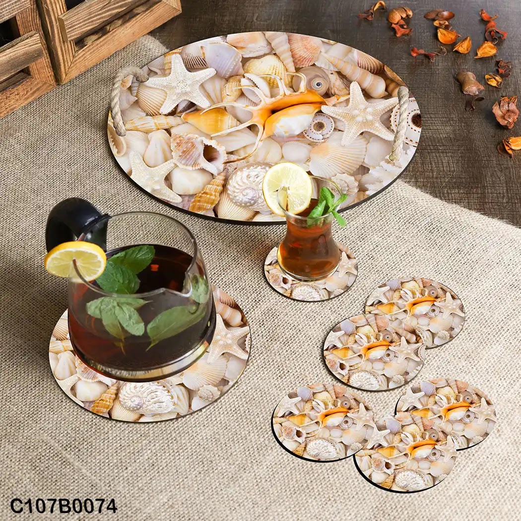 Circular tray set with shells and starfishes