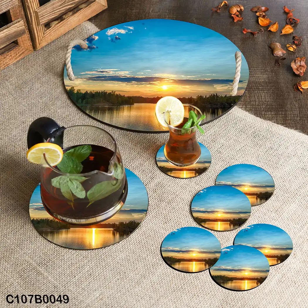 Circular tray set with a lake in forest view