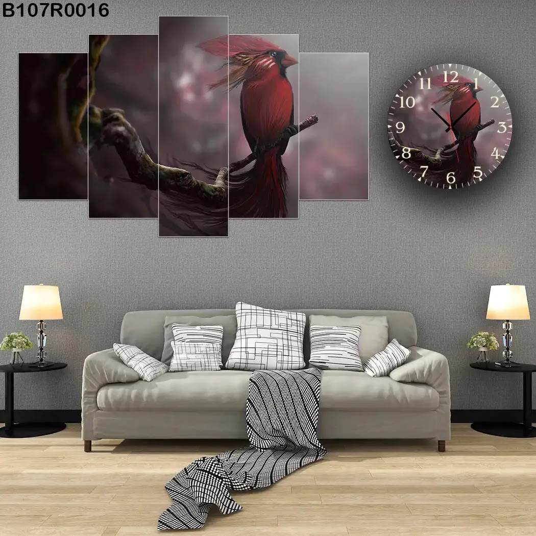 A clock and Large picture with bird on the branch