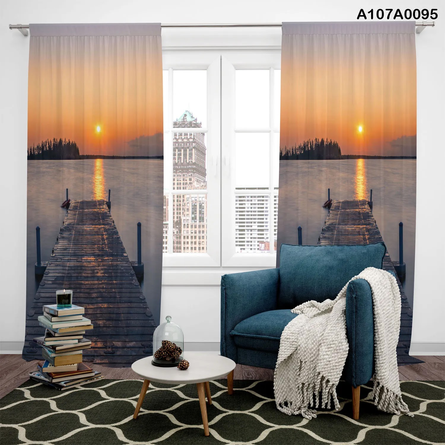 Curtains with sunset view, lake and bridge