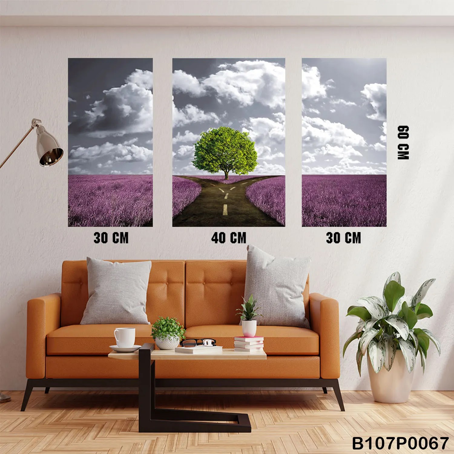 Triptych panel with a green tree and violet flowers