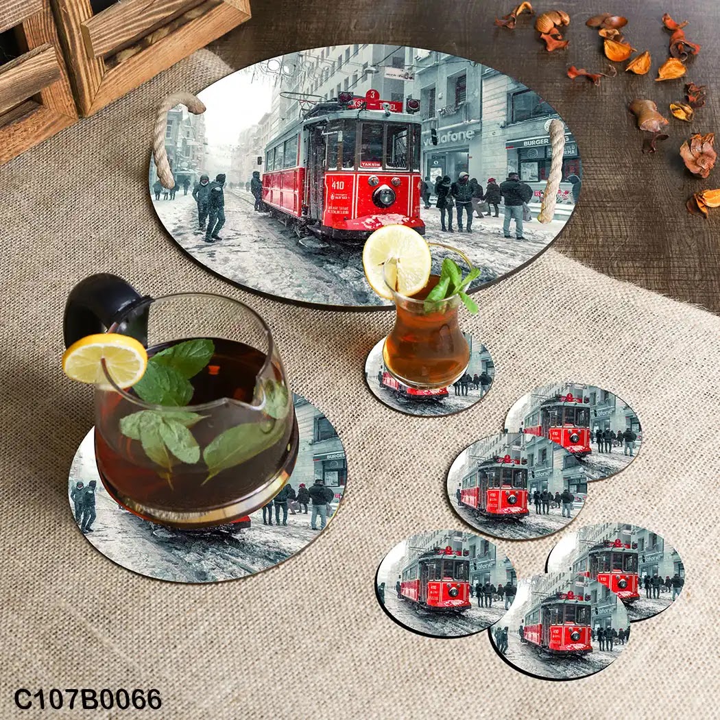 Circular tray set with a tram in the city view