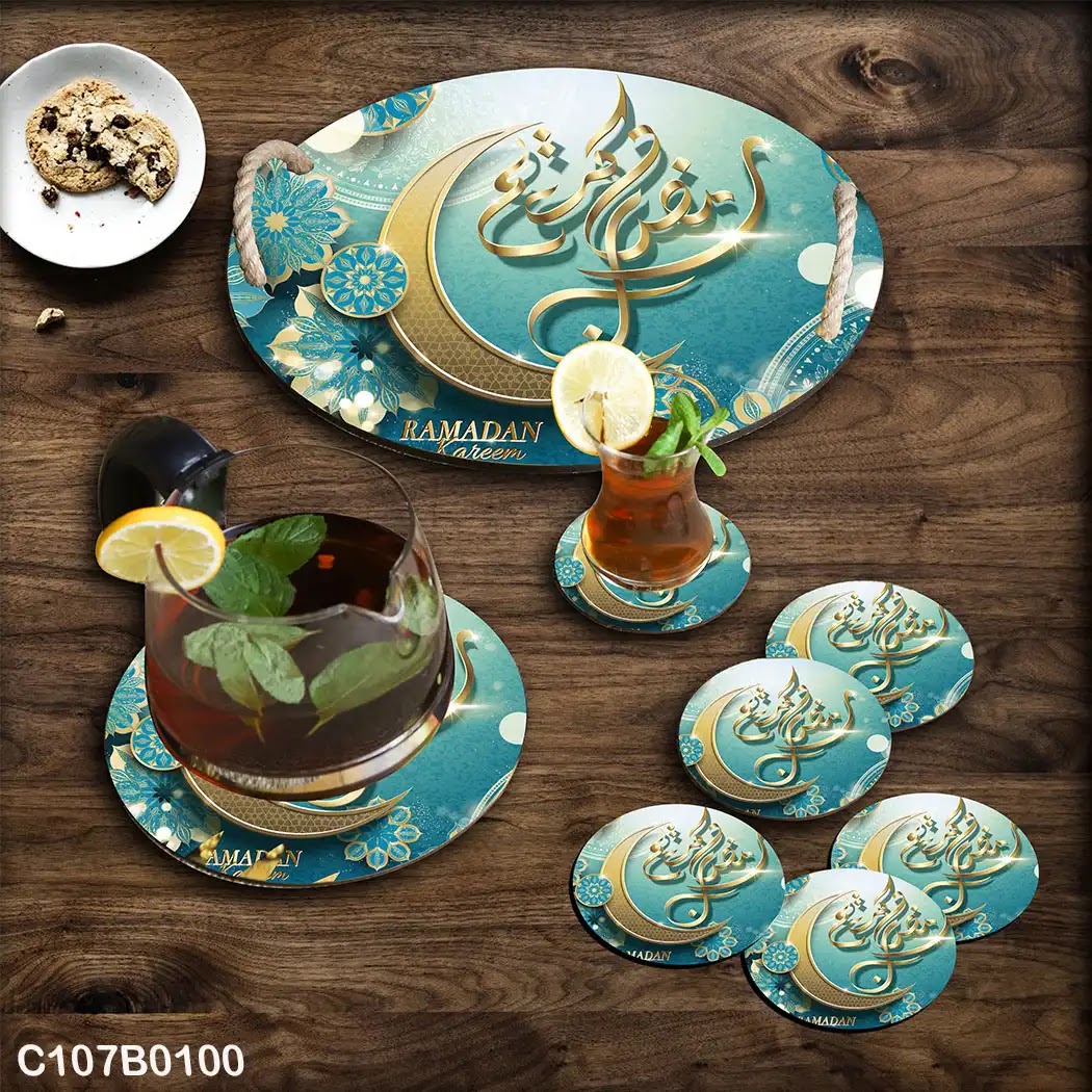 Blue background Ramadan circular tray set with gold crescent