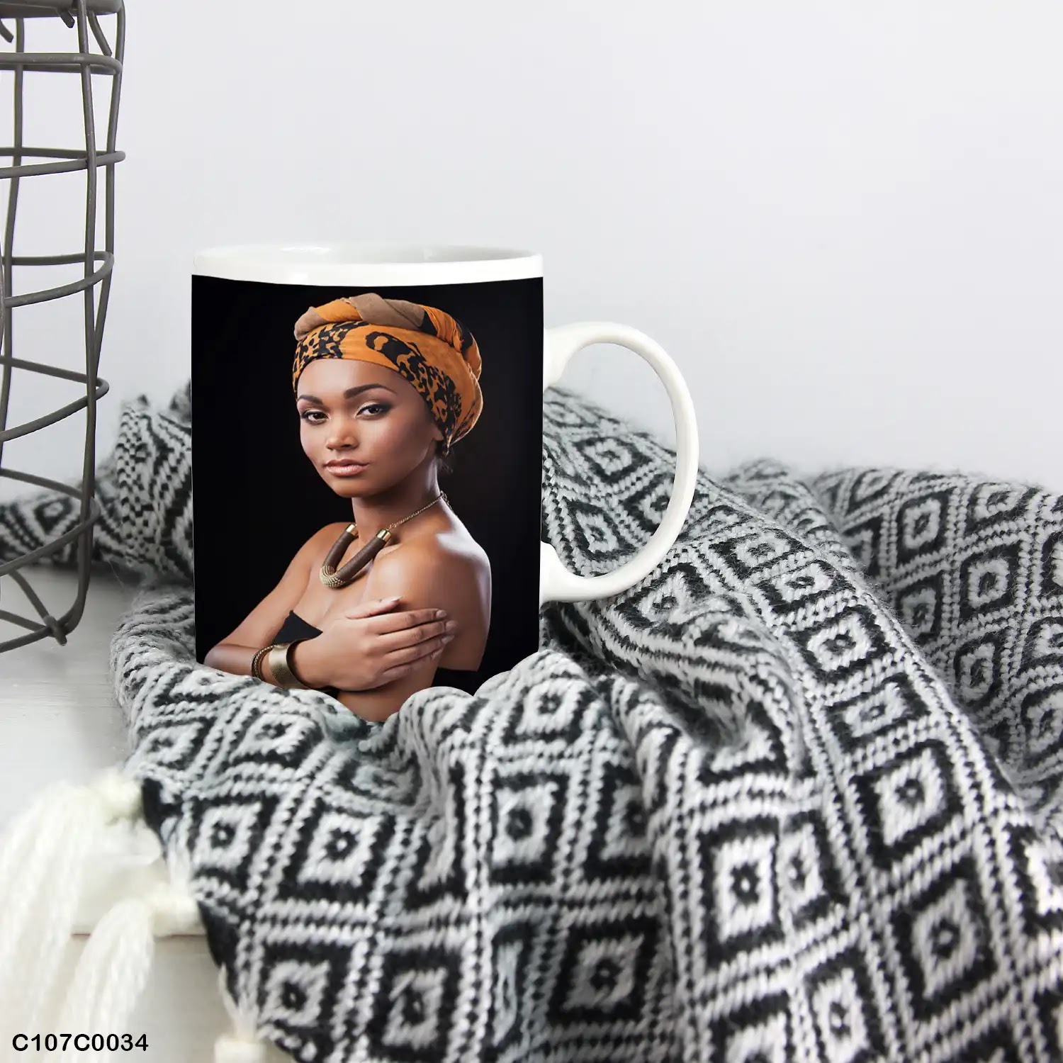 A mug (cup) printed with an image of an African woman