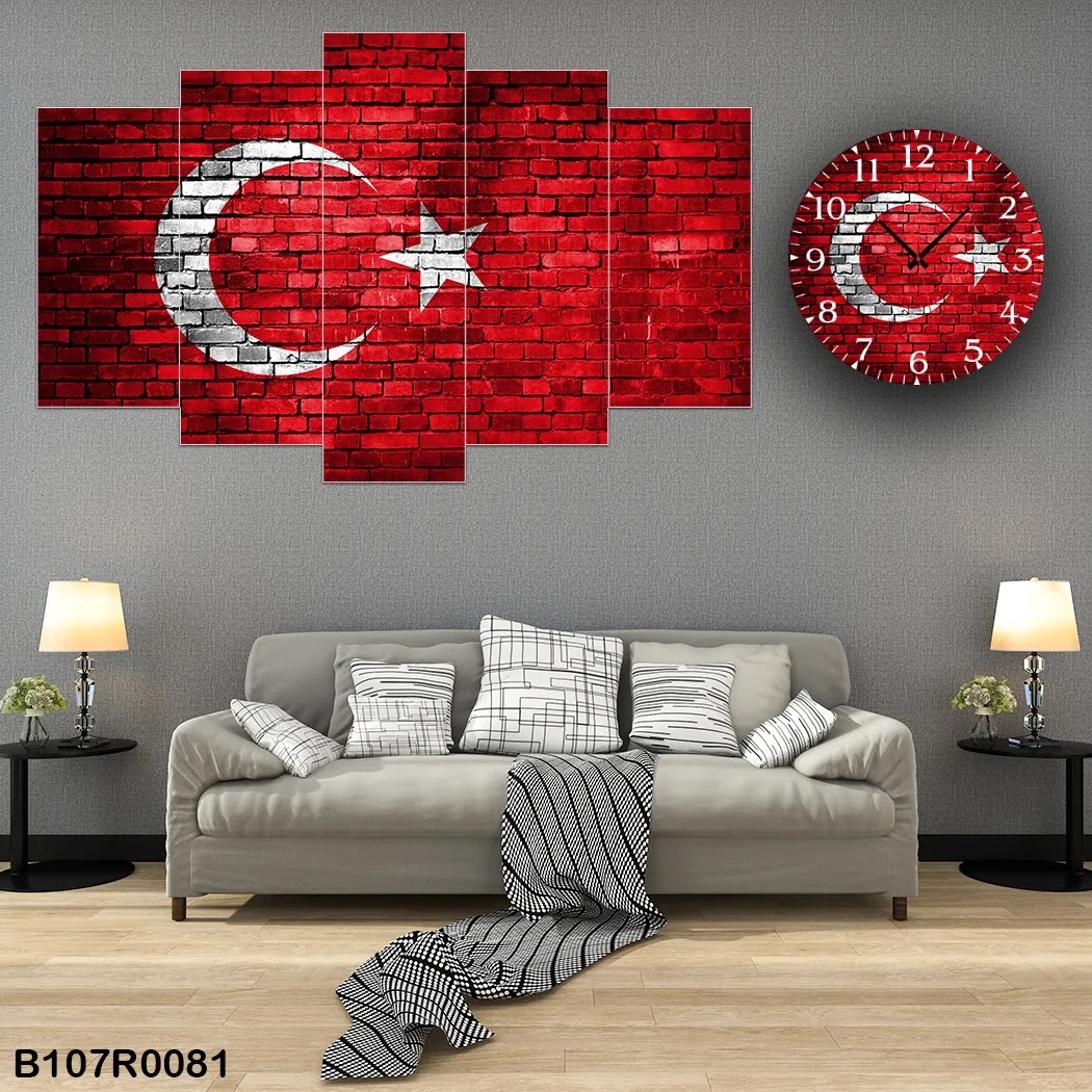 A clock and wall panel of Turkey flag