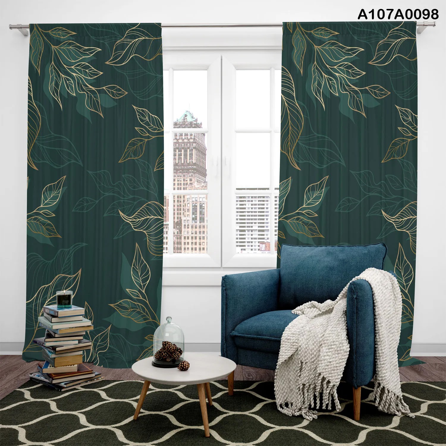 Curtains in dark green color with gold leaves