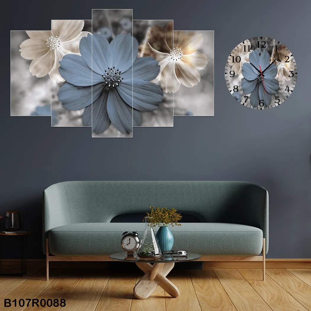 A clock and large picture of white and gray roses