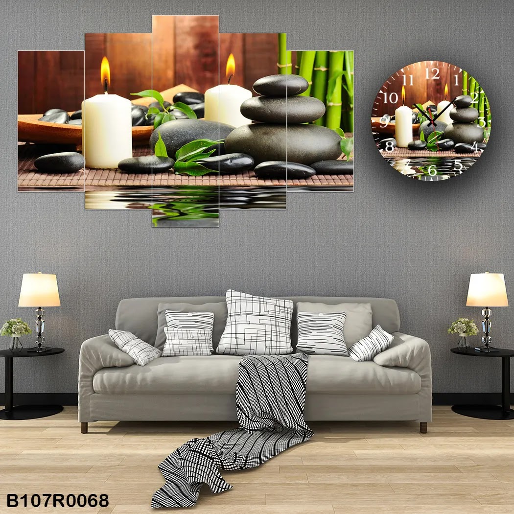 لوحة جدارية مع ساعة بتصميم أحجار السبا السوداء والشموع المضيئة مع سيقان الخيزران