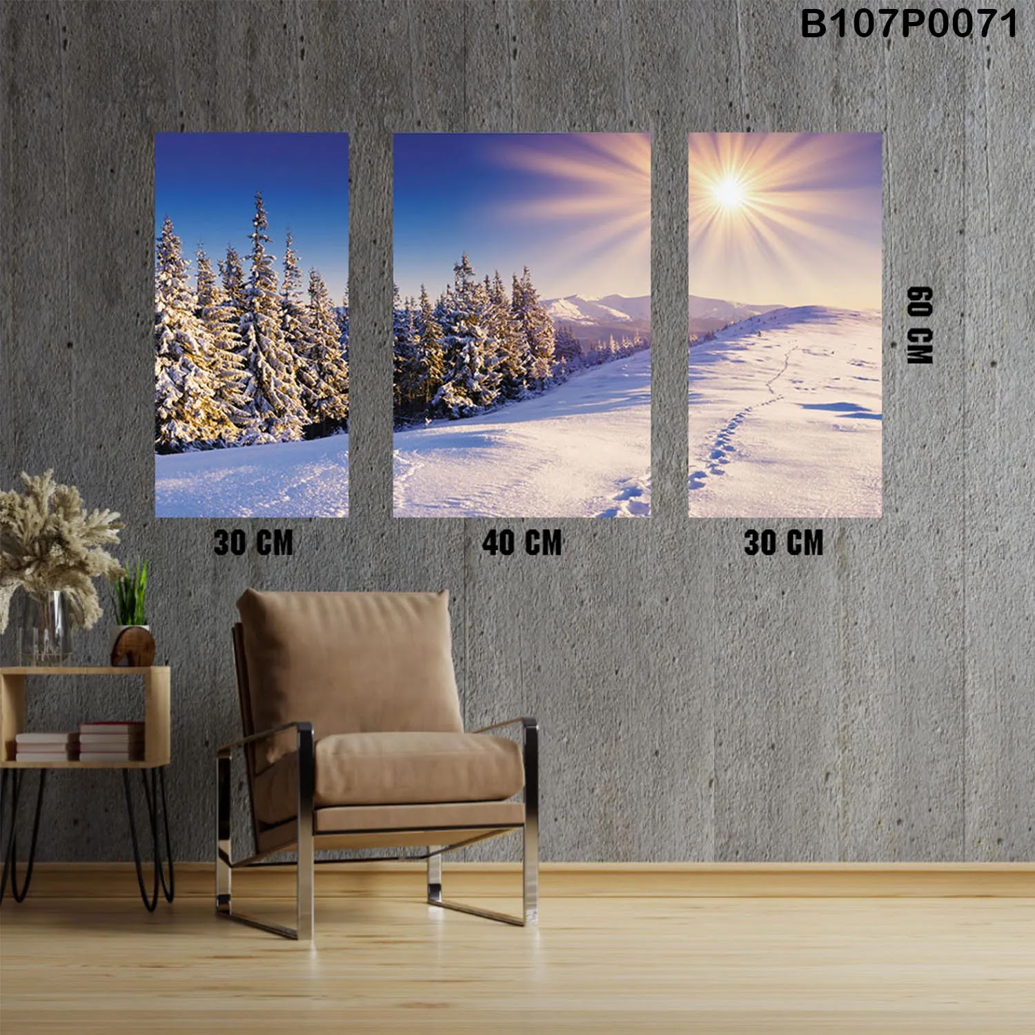 Triptych panel with a mountain and snow view