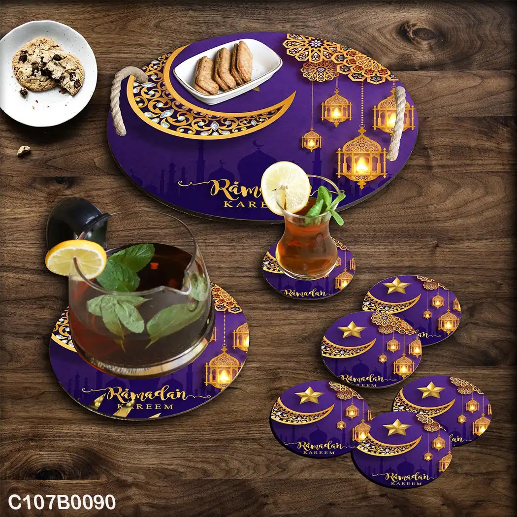Dark violet background circular tray set with Ramadan lanterns