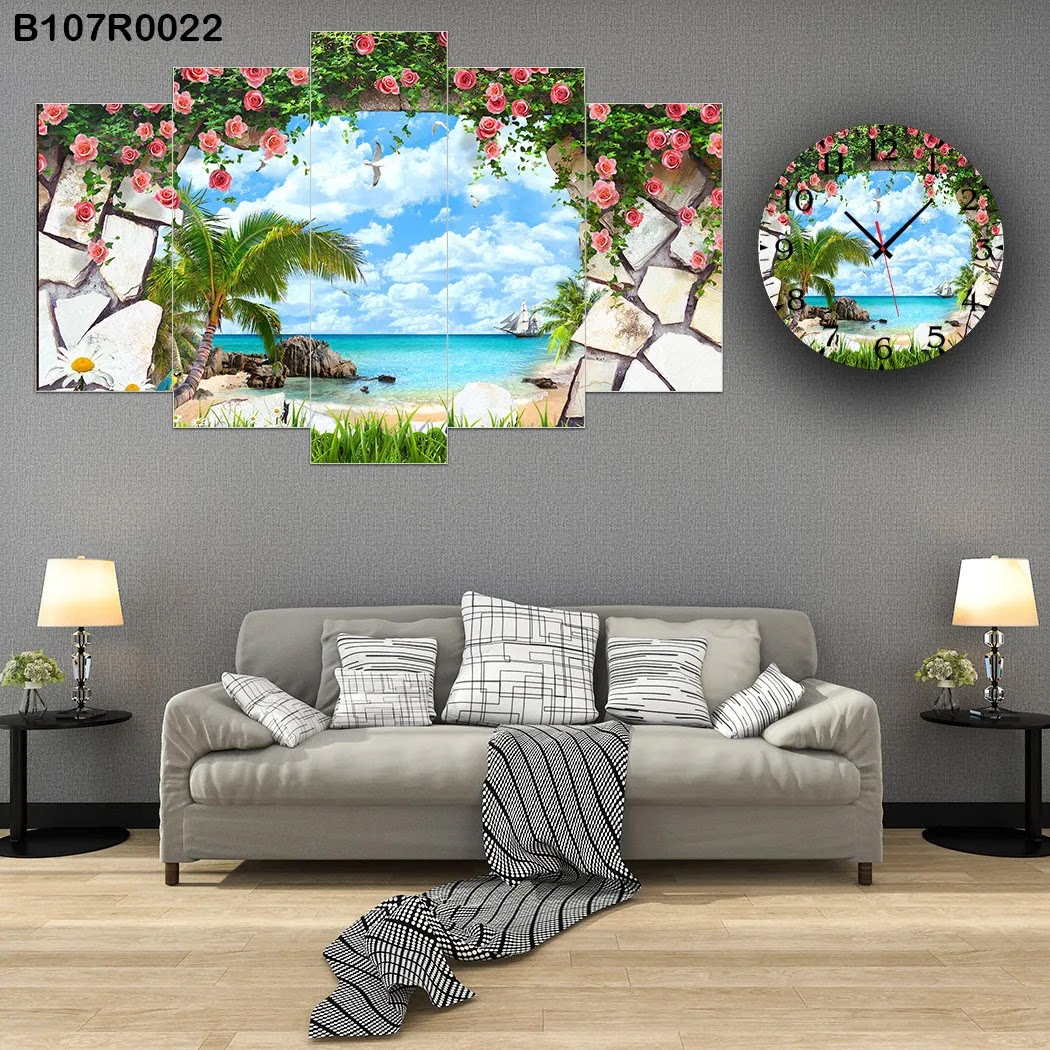 A clock and Wall panel with palm and sea view