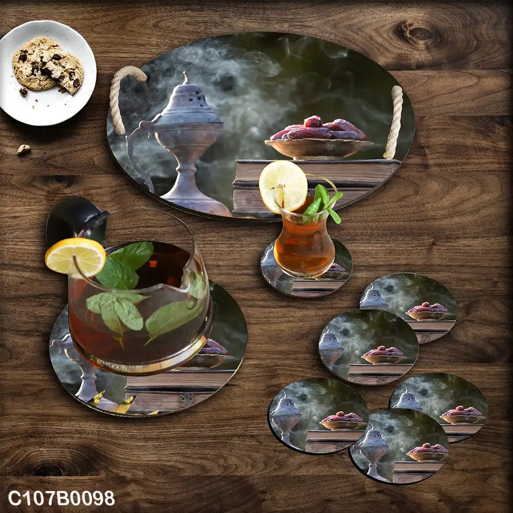 Circular tray set with incense and dates plate