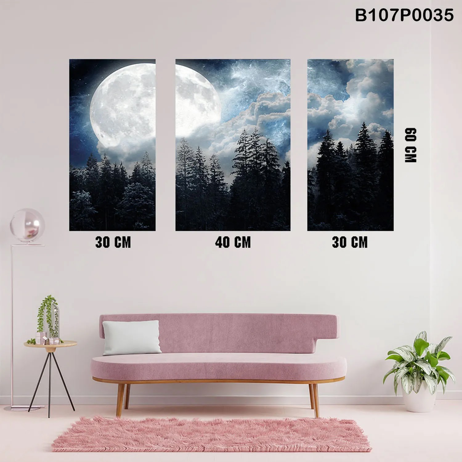 Triptych panel with clouds and moon at night