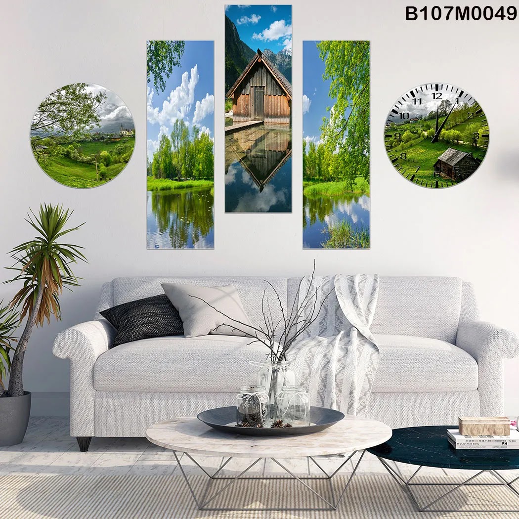 Triptych, clock and a circle with cottage & country views