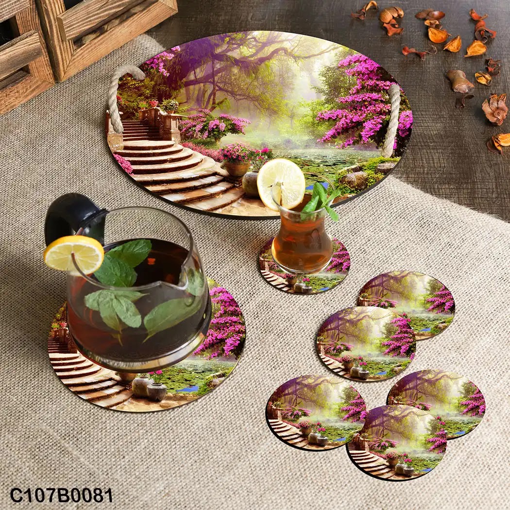 Circular tray set with a garden and blooming trees