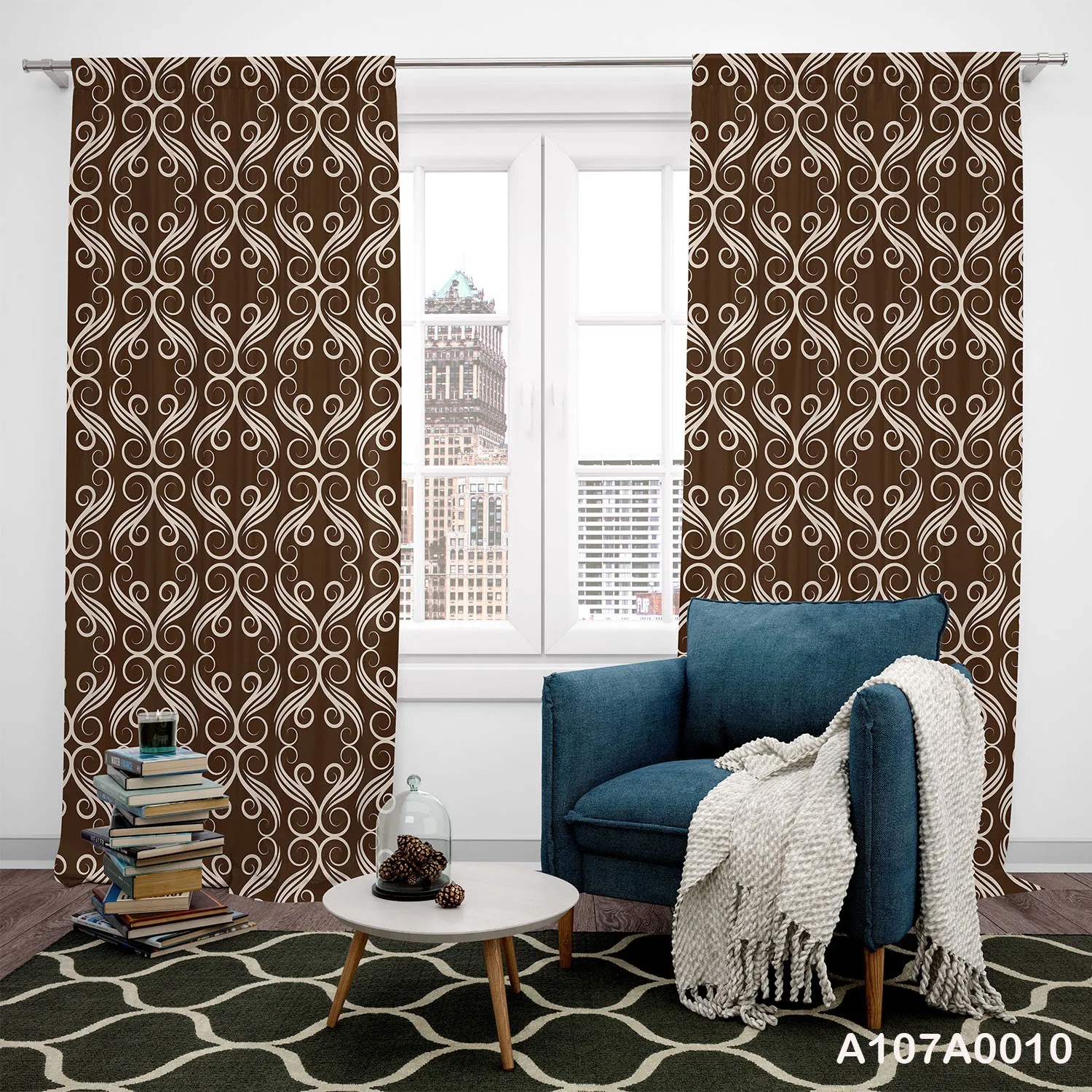 Curtains with brown color and white inscription for rooms