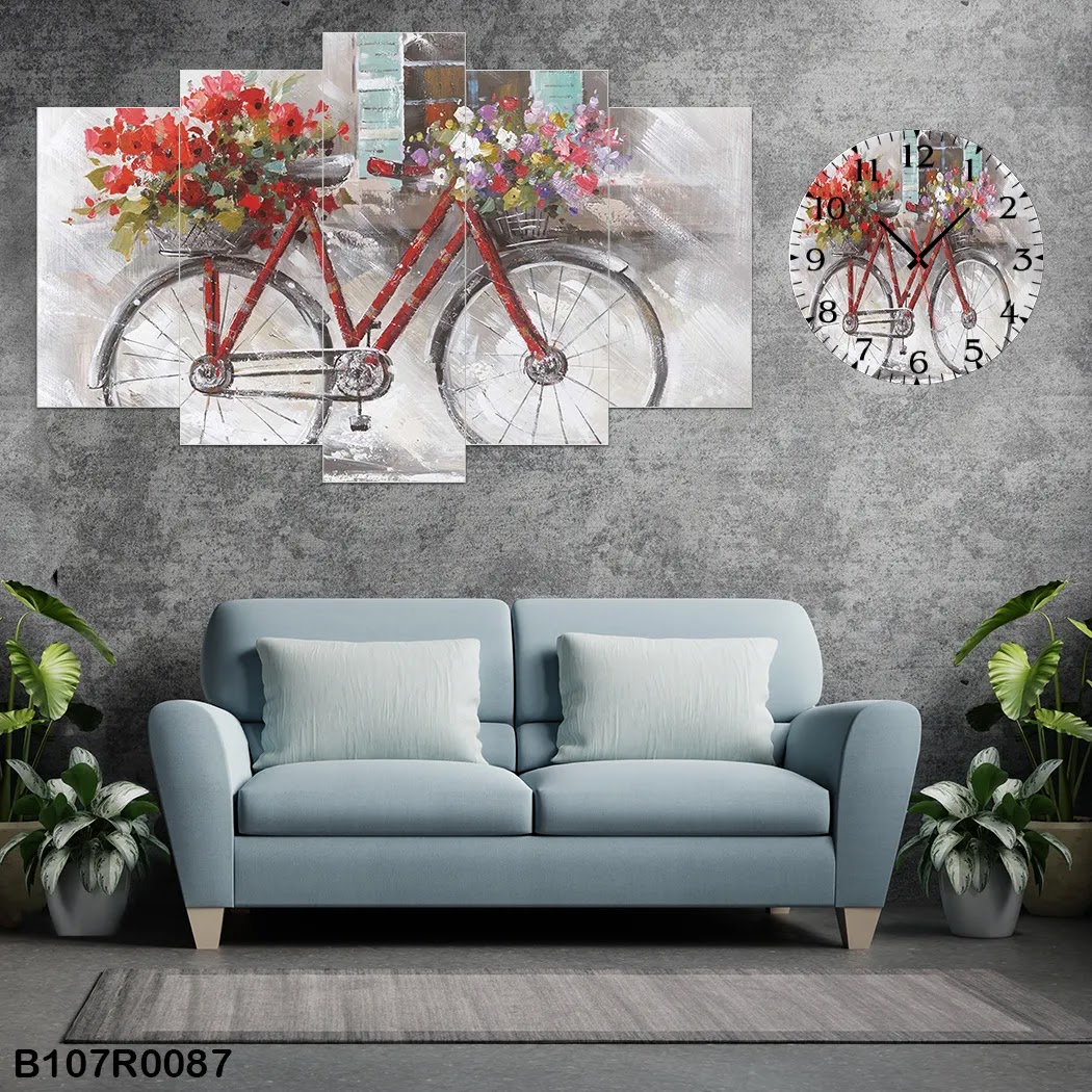 A clock and large picture of a bike and roses