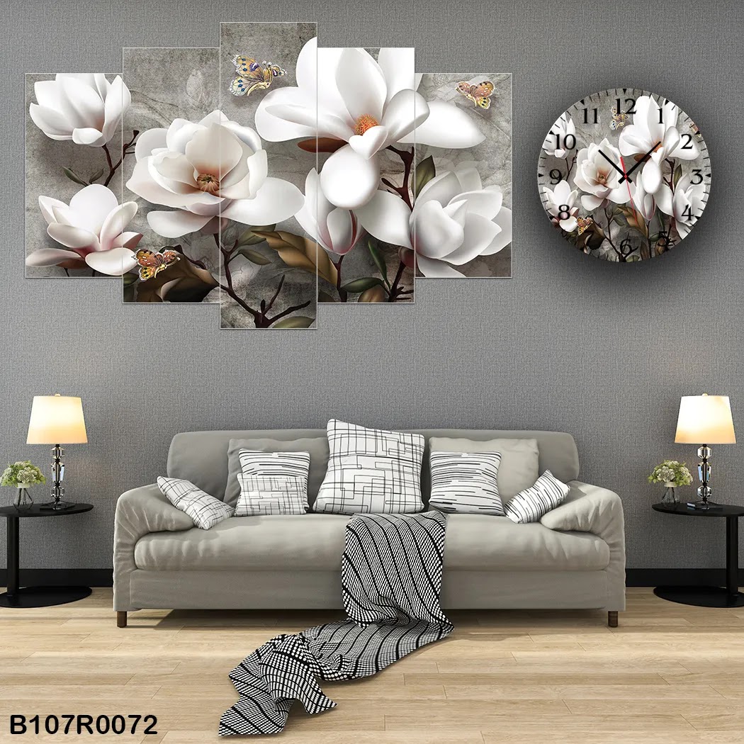 A clock and wall panel of white flowers