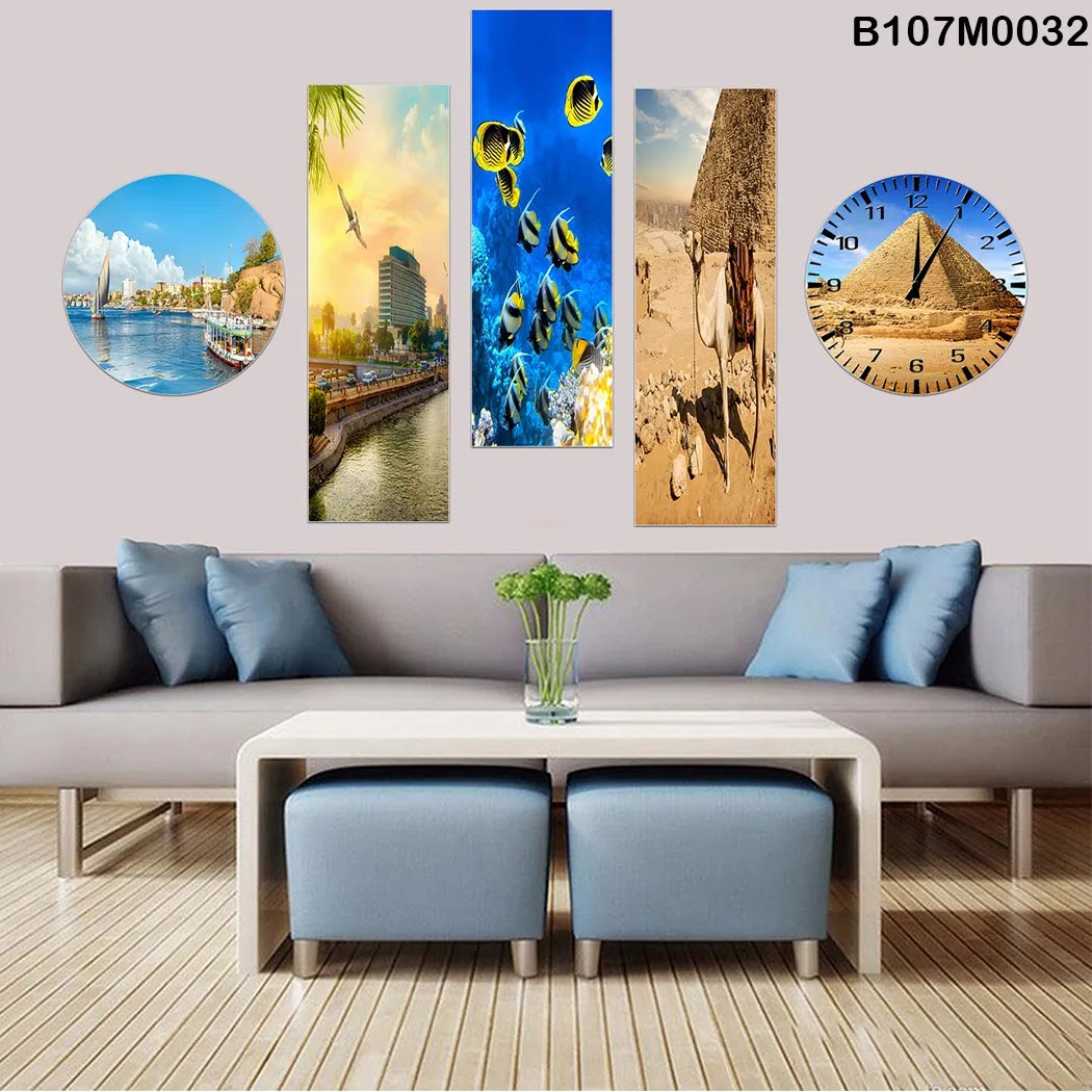 Triptych, clock and a circle with different places in Egypt