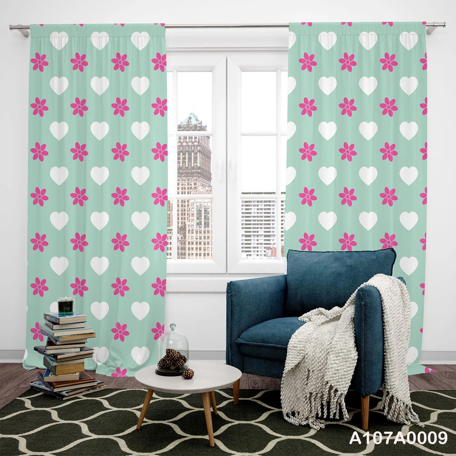 Curtains with white, green and pink color
