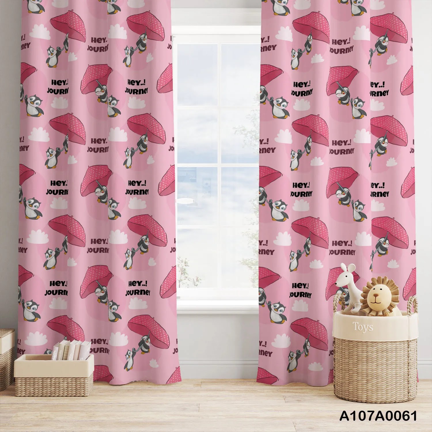 Penguin with pink color curtains for children room