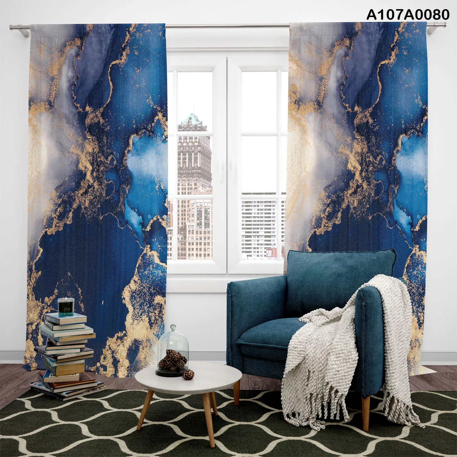 Curtains with color combination of blue and gold