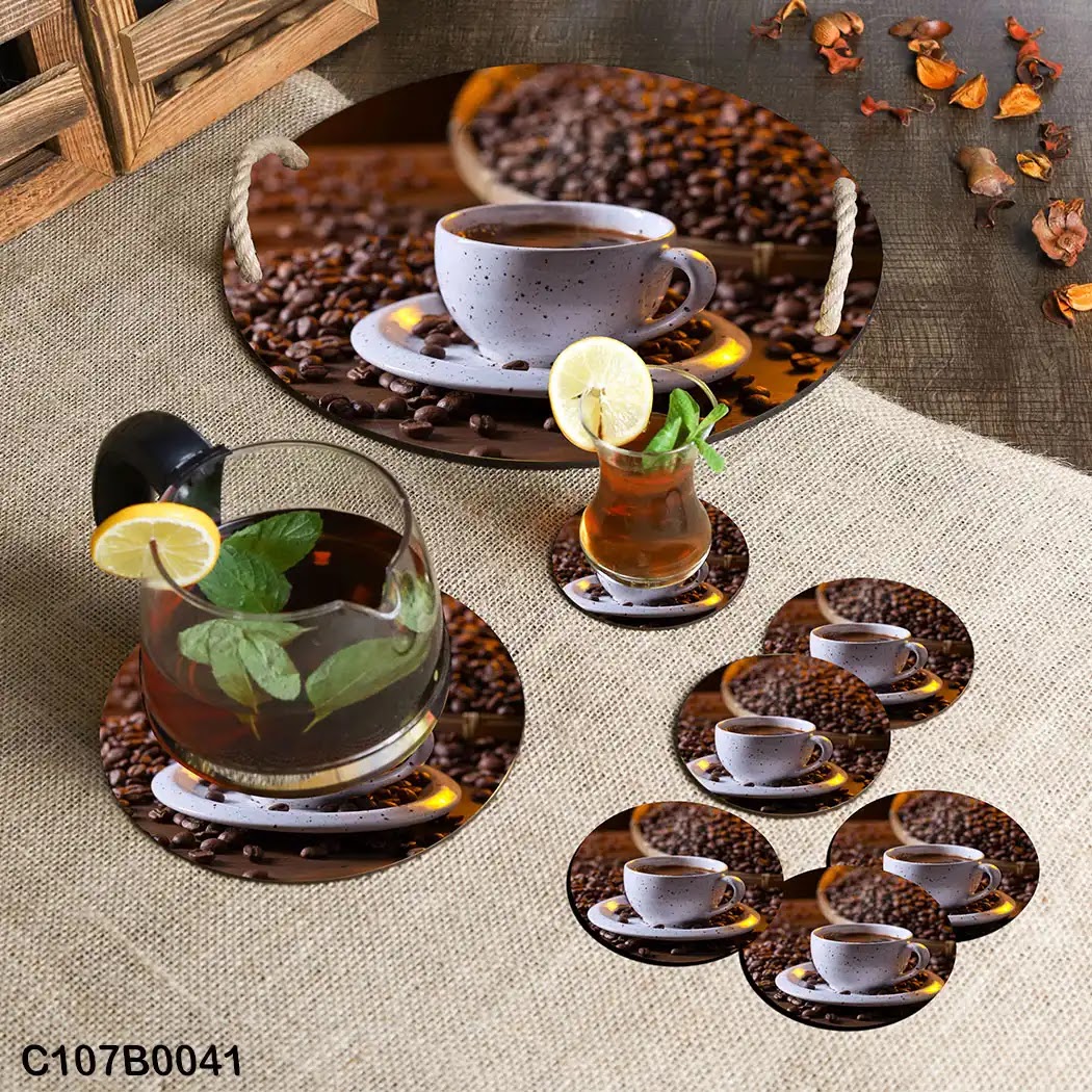 Circular tray set with white coffee cup and beans