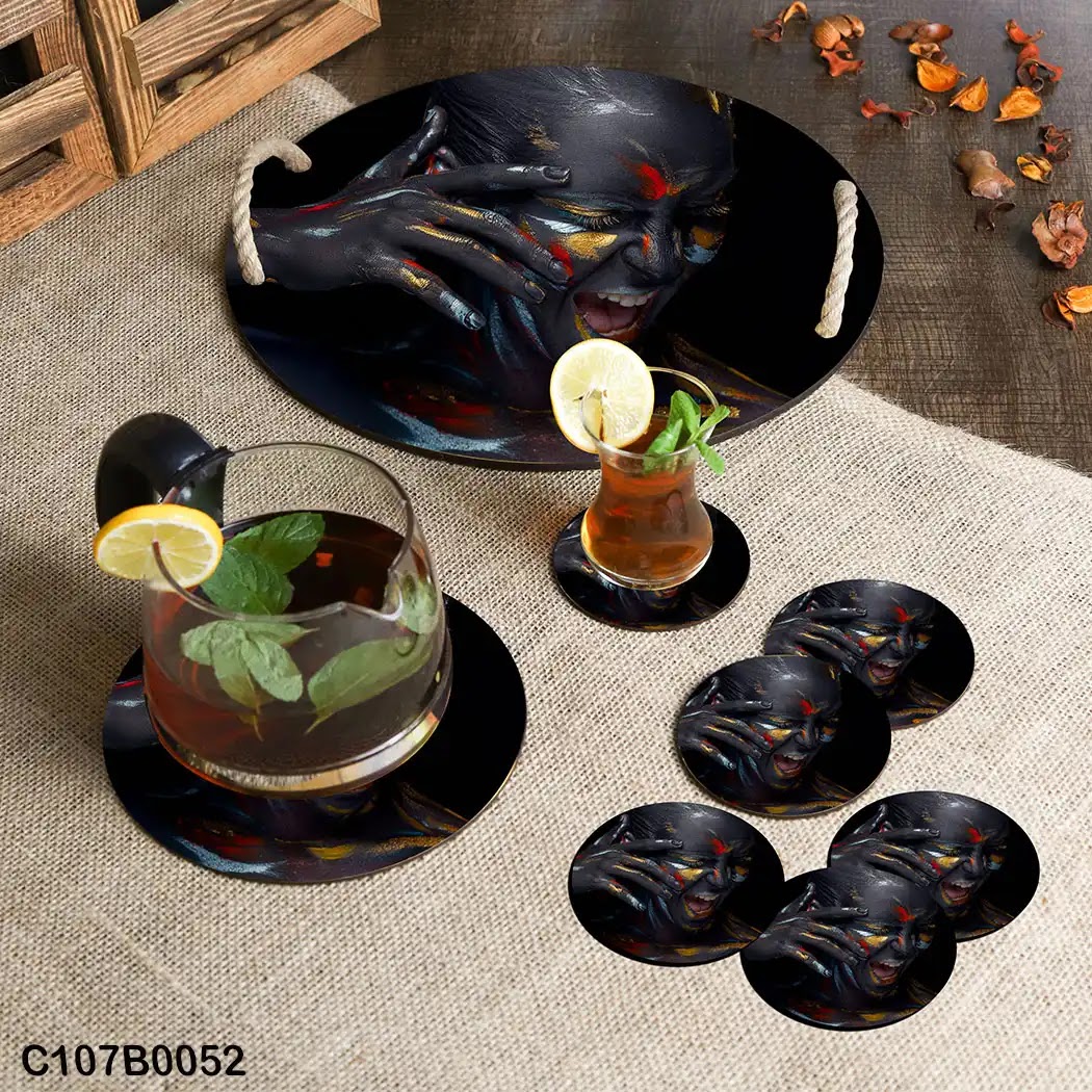 Circular tray set with a black African woman