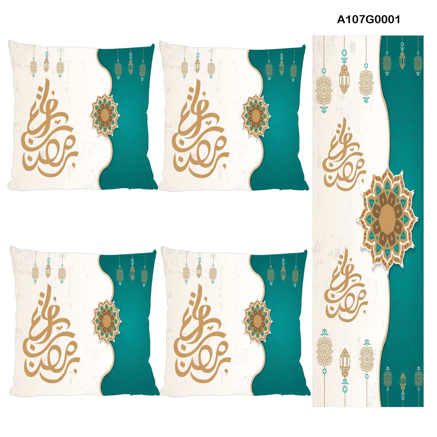 White and green Pillow cover set & table runner for Ramadan