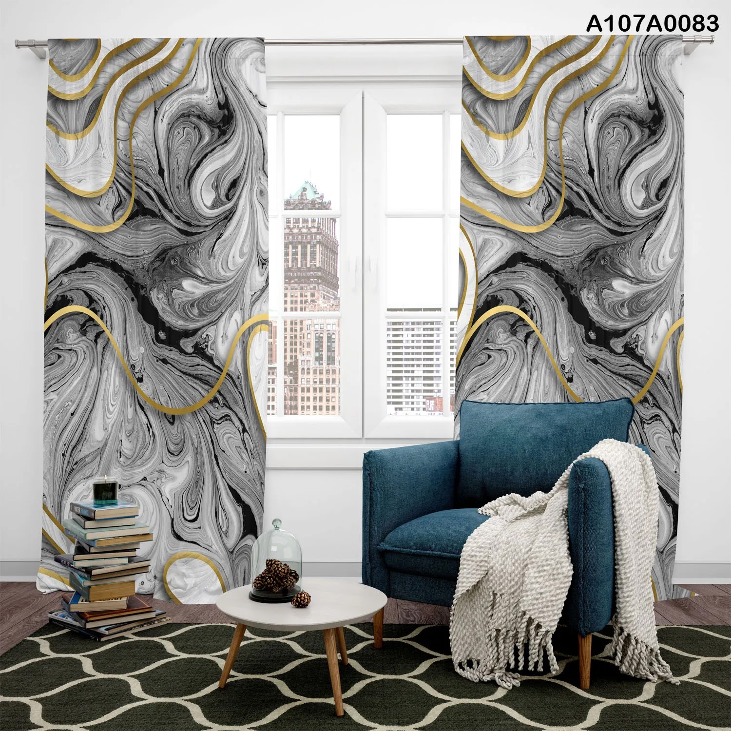 Curtains with color combination of balck, white and gold
