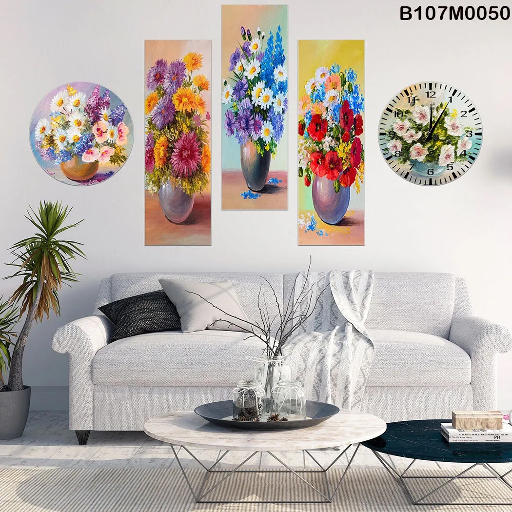 Triptych, clock and a circle with vases & colored flowers