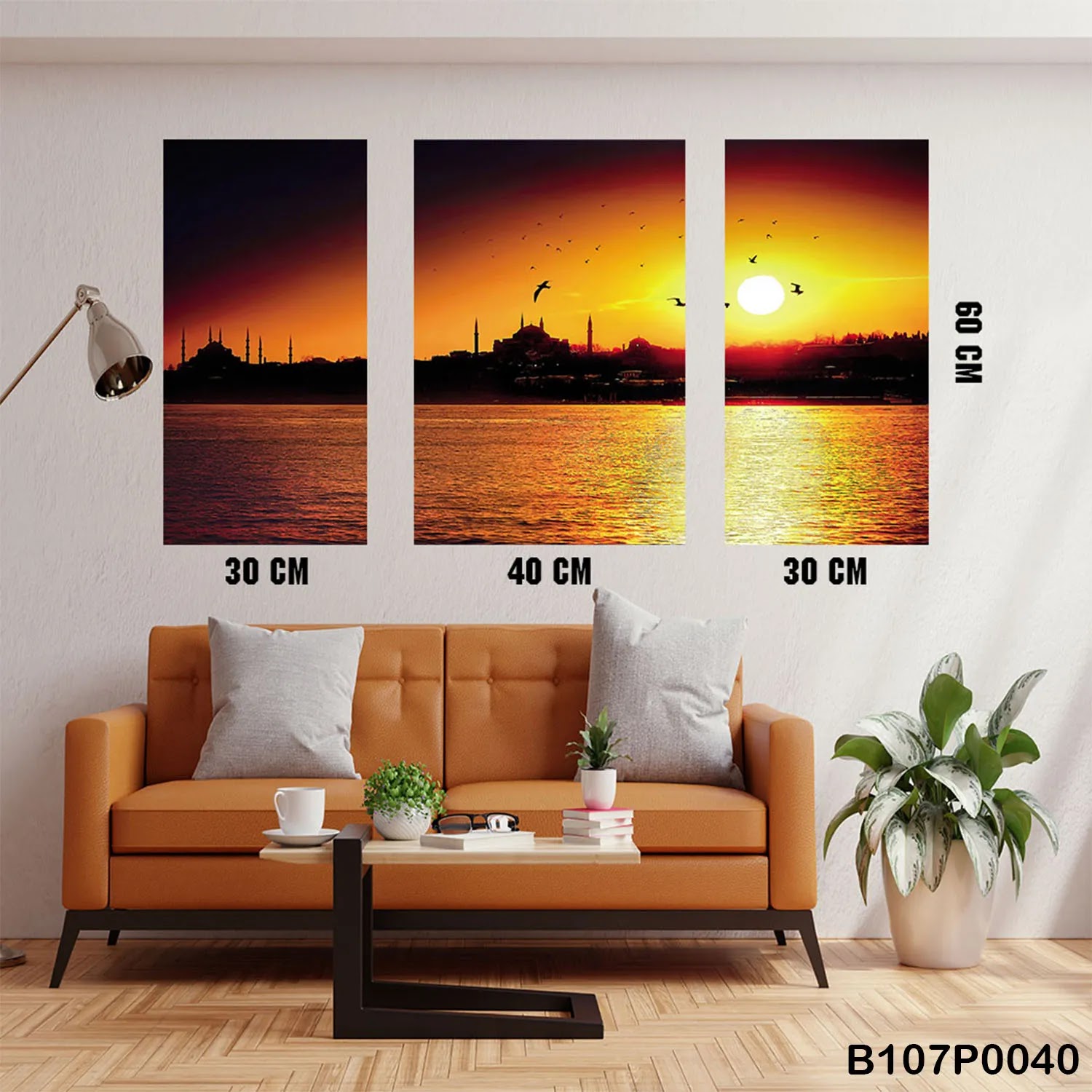 Triptych panel with the sea at sunset in Istanbul view