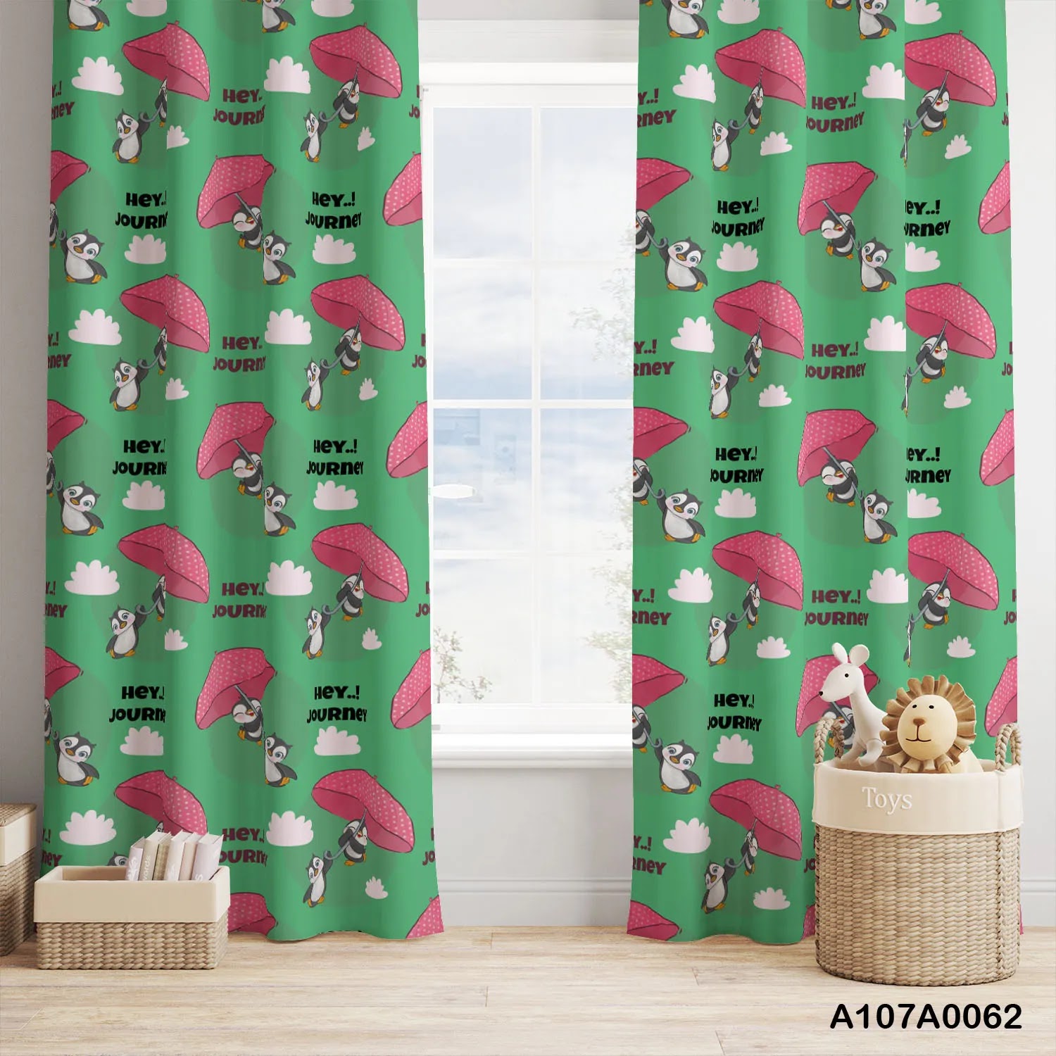 Penguin with green and pink color curtains for children room
