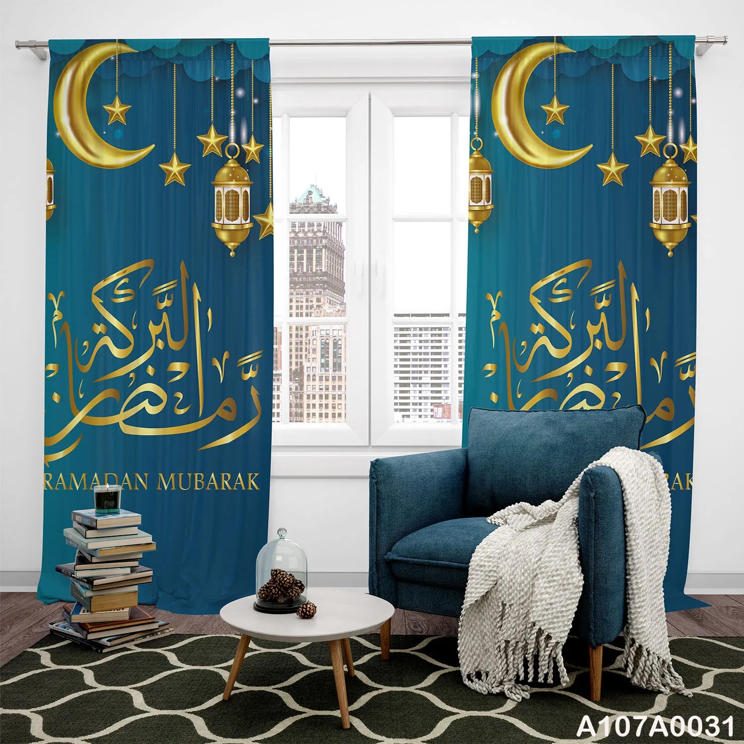 Curtains for Ramadan in blue and gold