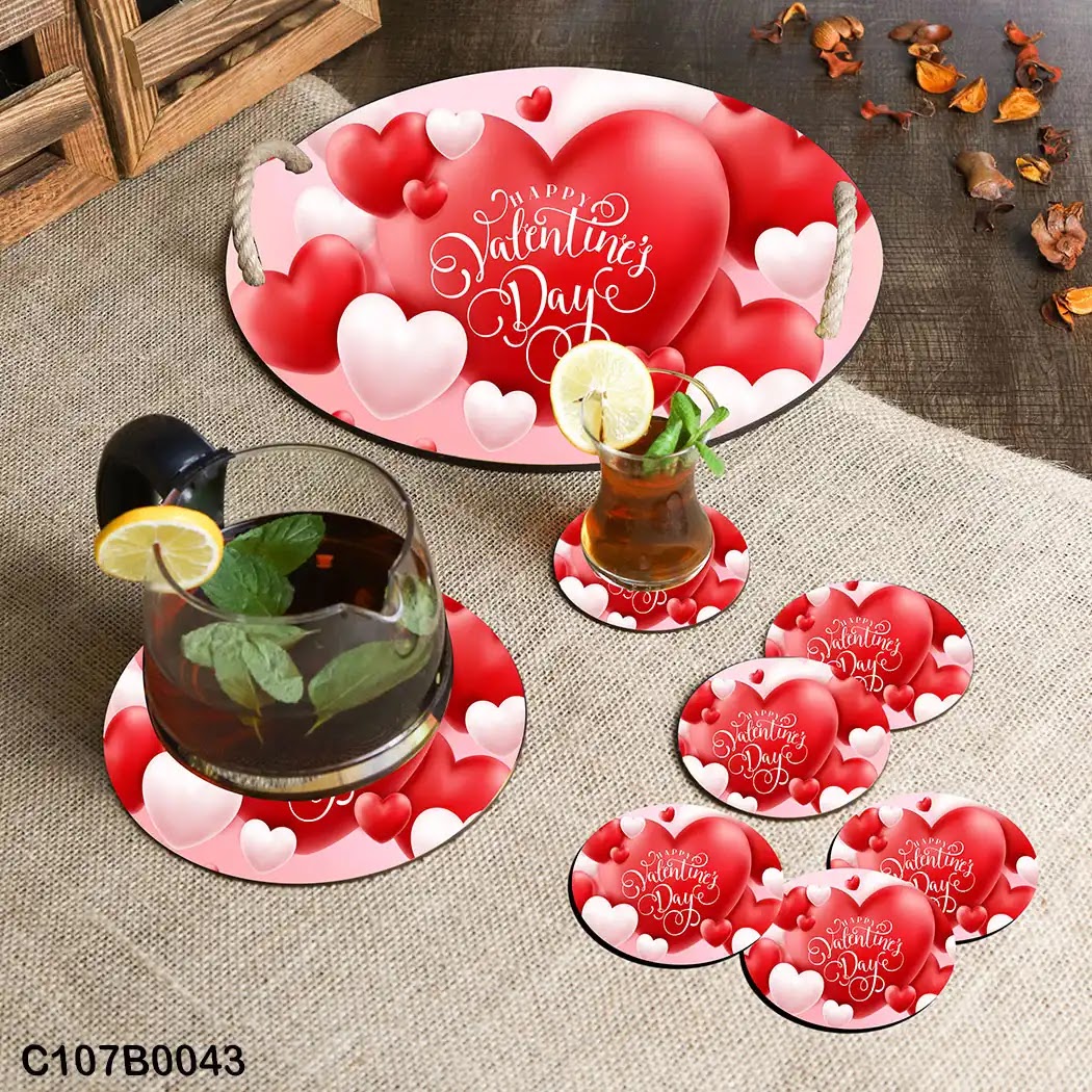 Circular tray set with big & small, red & white hearts