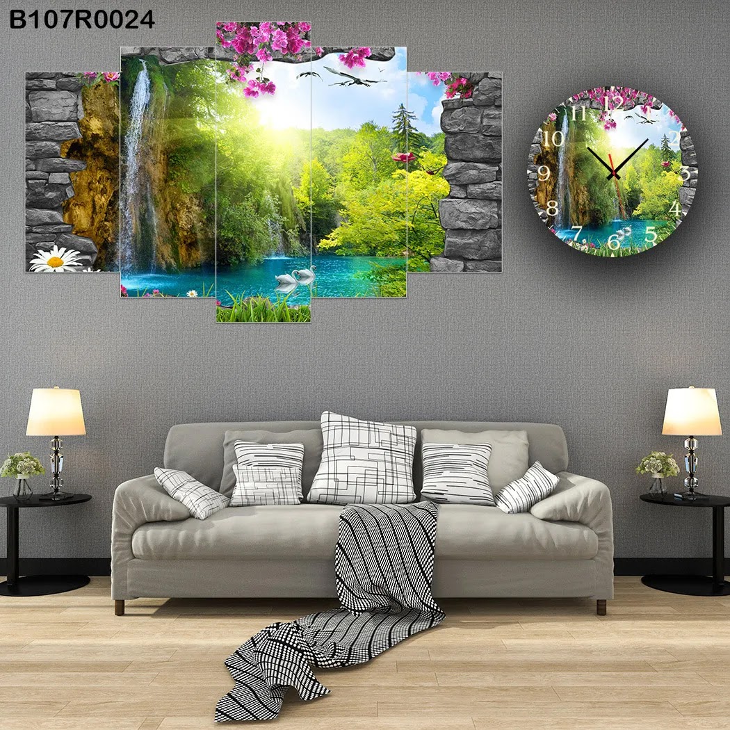 A clock and Wall panel with forest and waterfall view
