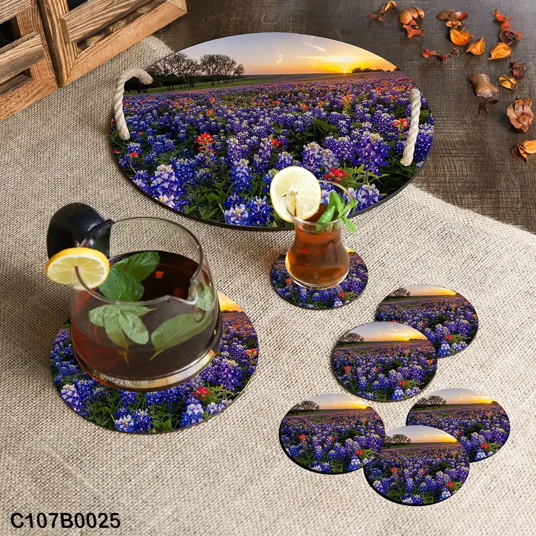 Circular tray set with lavender field